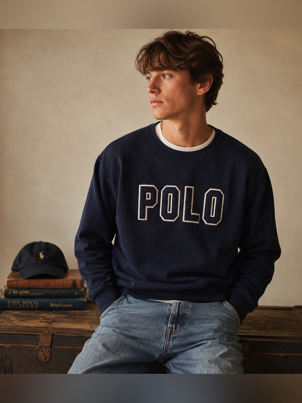 VTG  Polo Ralph Lauren Mens Size M Crewneck Sweatshirt Navy Blue POLO Spell Out